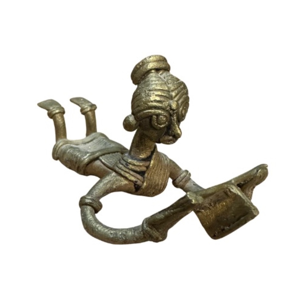 Dhokra Indian Brass Folk Art Reading Bookworm Figurine Vintage